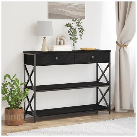 Tavolo Consolle Nero Rovere 100x28x75 cm Legno Ingegnerizzato e Acciaio - Foto 2