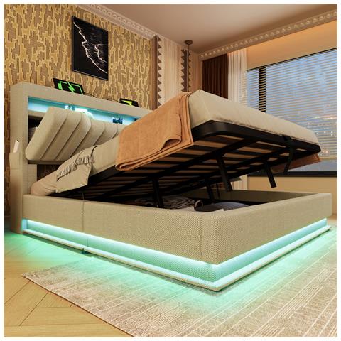 Letto Imbottito Idraulico 160x200cm, Letto Matrimoniale, Letto Contenitore Con Connessioni Usb E Di Tipo C, Illuminazione Led Alla Testa E Ai Piedi Del Letto, Biancheria, Beige, Senza Materasso - Foto 1
