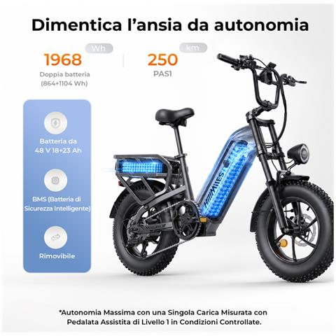MileLink 1 Bici Elettrica Fat Tire 16'', doppia batteria 48V 18+23Ah, autonomia fino a 250km, portapacchi posteriore, freno idraulico a disco, Grigia - Foto 2