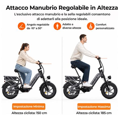 MileLink 1 Bici Elettrica Fat Tire 16'', doppia batteria 48V 18+23Ah, autonomia fino a 250km, portapacchi posteriore, freno idraulico a disco, Grigia - Foto 9