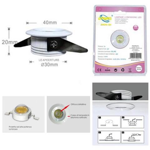Mini Faretto Led 1w Soffitto Tondo Incasso Molla 4cm Led Bianco Caldo 3000k - Foto 2