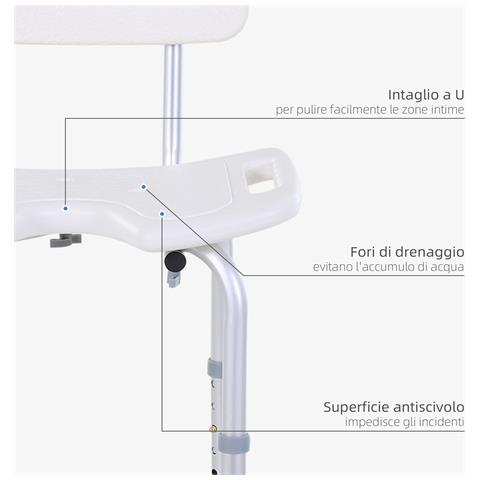 Sedia Doccia Regolabile su 8 Livelli con Fori di Drenaggio, in Alluminio e PE, 48x42x71-83.5 cm, Bianco e Argento - Foto 6