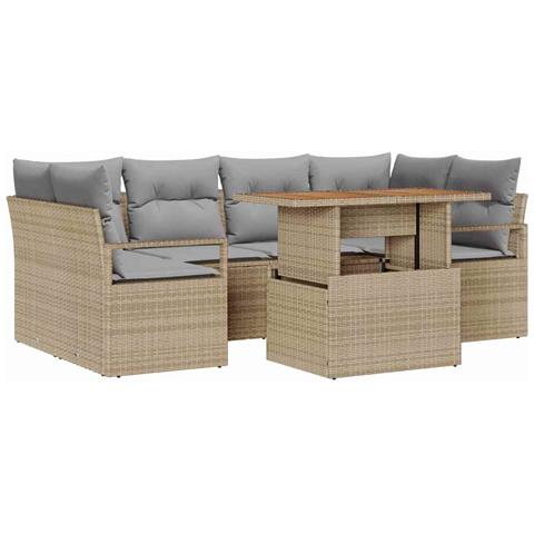 Set Divano da Giardino 7 Pezzi con Cuscini Beige Rattan Polietilene Acacia, Divano da Giardino 2-Persone con Cuscini Beige Rattan Polietilene - Foto 1