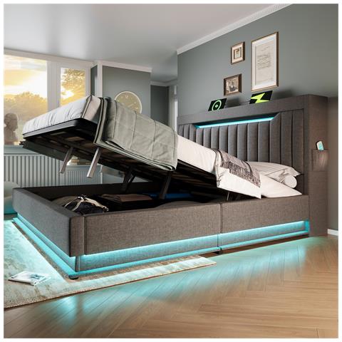 Letto Imbottito Idraulico 160x200cm, Letto Matrimoniale, Letto Contenitore Con Connessioni Usb E Di Tipo C, Illuminazione Led Alla Testa E Ai Piedi Del Letto, Biancheria, Grigio, Senza Materasso - Foto 1