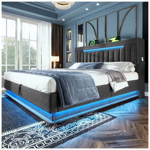Letto Imbottito Idraulico 160x200cm, Letto Matrimoniale, Letto Contenitore Con Connessioni Usb E Di Tipo C, Illuminazione Led Alla Testa E Ai Piedi Del Letto, Biancheria, Grigio, Senza Materasso - Foto 4