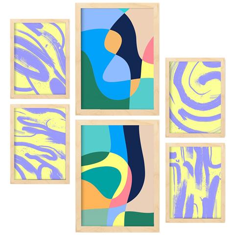 Set Di 6 Stampe Windless Arts In Dipinti Decorativi Estetici Astratti Colorati Per Il Tuo Soggiorno A Casa A3 & A4 Telaio In Legno Chiaro - Foto 1