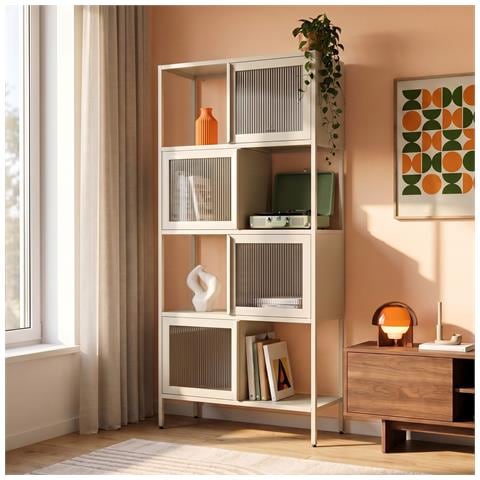 Scaffalatura Industriale In Metallo Kiara, Altezza 170 Cm, Con 4 Frontali E 4 Bordi, Colore Beige E Scanalatura In Vetro. - Foto 1
