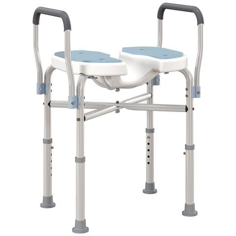 Sgabello da Doccia con Seduta Scanalata e Braccioli, Altezza Regolabile e Piedini Antiscivolo, Azzurro - Foto 1