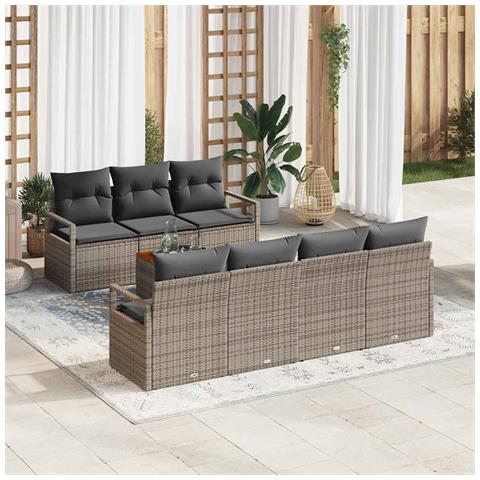 Set di Divani da Giardino 8 Pezzi con Cuscini Grigio Rattan Acacia, Divano da Giardino 2 Posti con Riserva e Cuscini Grigio Rattan - Foto 2