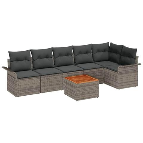 Set di Sofà da Giardino a 7 Pezzi con Cuscini Grigi Polyrattan Acacia, Sofà da Giardino a 2 Posti con Ripostiglio e Cuscini Grigi Polyrattan - Foto 1