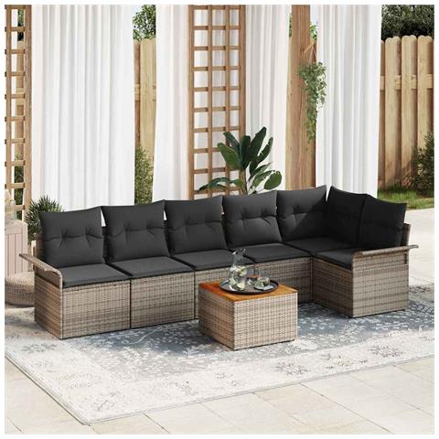 Set di Sofà da Giardino a 7 Pezzi con Cuscini Grigi Polyrattan Acacia, Sofà da Giardino a 2 Posti con Ripostiglio e Cuscini Grigi Polyrattan - Foto 2