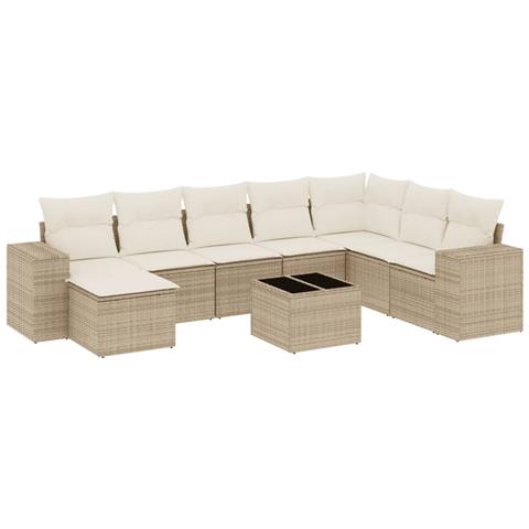 Set Divano da Giardino 9 pz con Cuscini Beige in Polyrattan - Foto 1