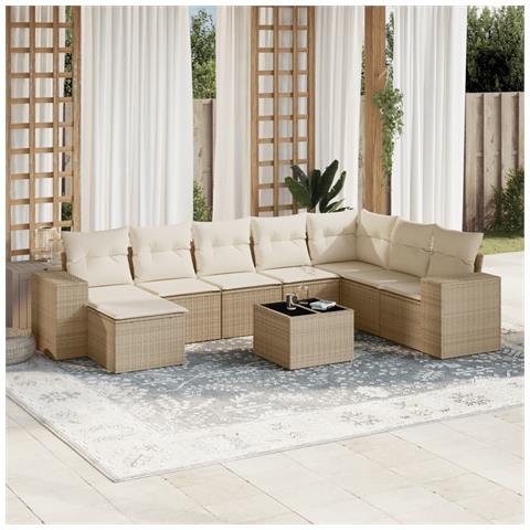 Set Divano da Giardino 9 pz con Cuscini Beige in Polyrattan - Foto 2