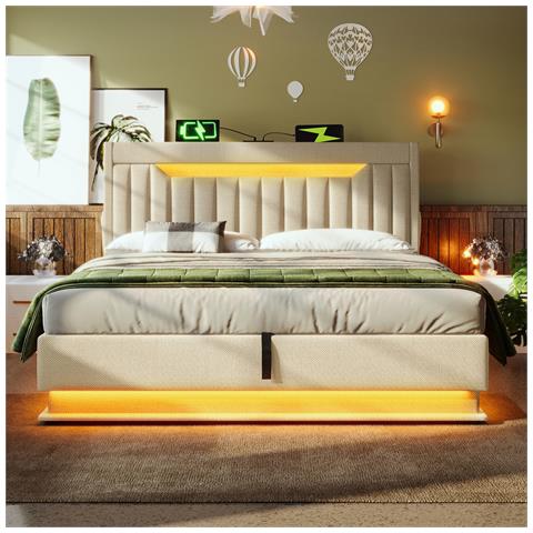 Letto Imbottito Idraulico 180x200cm, Letto Matrimoniale, Letto Contenitore Con Connessioni Usb E Tipo C, Illuminazione A Led Alla Testa E Ai Piedi Del Letto, Lino, Beige, Senza Materasso - Foto 2