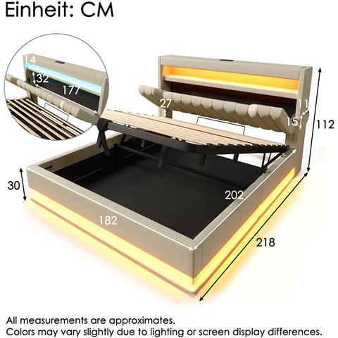Letto Imbottito Idraulico 180x200cm, Letto Matrimoniale, Letto Contenitore Con Connessioni Usb E Tipo C, Illuminazione A Led Alla Testa E Ai Piedi Del Letto, Lino, Beige, Senza Materasso - Foto 4