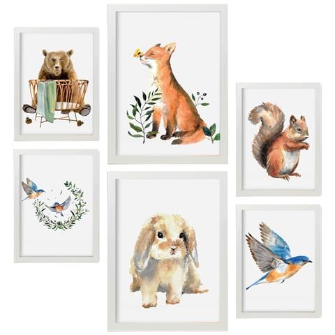 Set Di 6 Stampe Animali Ad Acquerello Per La Scuola Materna: Dipinti Decorativi Estetici Per Il Tuo Soggiorno, Camera Da Letto E Casa A3 & A4 Cornice Bianca - Foto 1