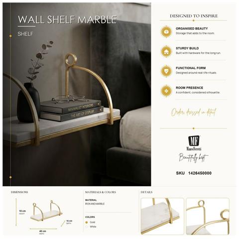 Mensola Da Muro Marble In Ferro Dorato E Marmo Bianco — 40x16x18 Cm - Foto 7