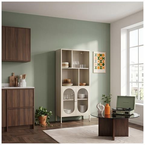 Libreria Industriale In Metallo Milie, Altezza 180 Cm, Con 2 Frontali, 4 Laterali, Colore Beige E Scanalatura In Vetro. - Foto 2