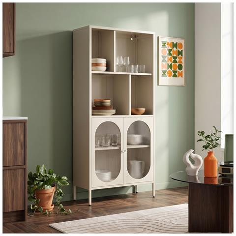 Libreria Industriale In Metallo Milie, Altezza 180 Cm, Con 2 Frontali, 4 Laterali, Colore Beige E Scanalatura In Vetro. - Foto 1