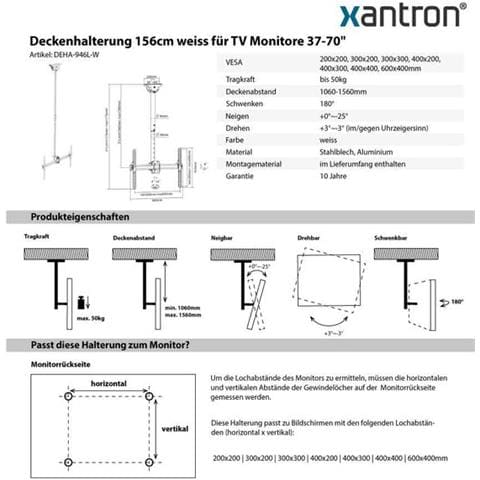 Supporto A Soffitto Bianco Per Monitor Tv 37-70"" Orientabile, Inclinabile, Ruotabile, Regolabile In Altezza, Deha-946l-w - Foto 2