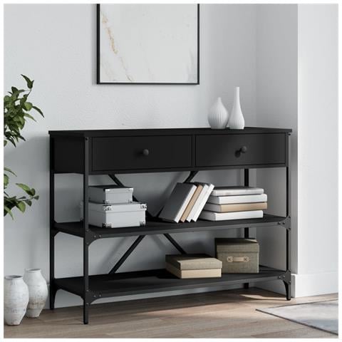 Tavolino Consolle Con Cassetti E Ripiani Nero Legno Multistrato - Foto 6