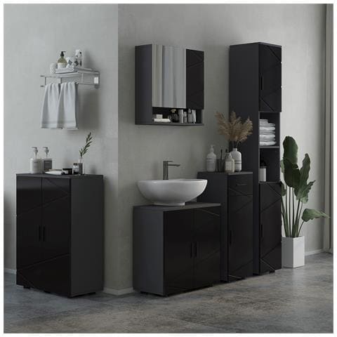 Mobiletto Bagno 2 Ante In Legno Con 3 Ripiani E Chiusura Ammortizzata, 60x30x82cm, Nero - Foto 2