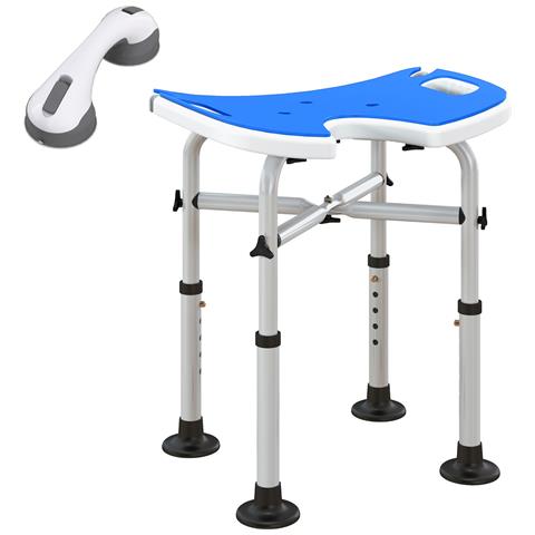 Sgabello da Doccia Regolabile in Altezza con Maniglione, Seduta Imbottita a U e Piedini Antiscivolo, Blu - Foto 1