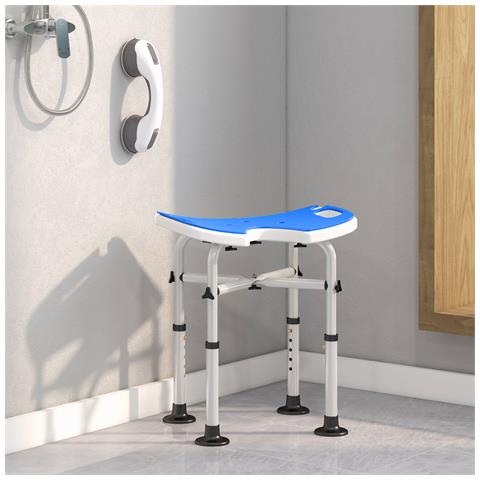 Sgabello da Doccia Regolabile in Altezza con Maniglione, Seduta Imbottita a U e Piedini Antiscivolo, Blu - Foto 6