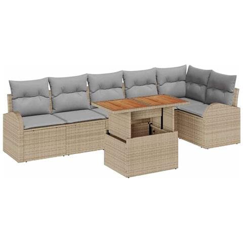 Set Divano da Giardino  7 Pezzi con Cuscini Beige Rattan Polipropilene, Divano da Giardino  2 Posti con Stoccaggio e Cuscini Beige Rattan Polipropilene - Foto 1