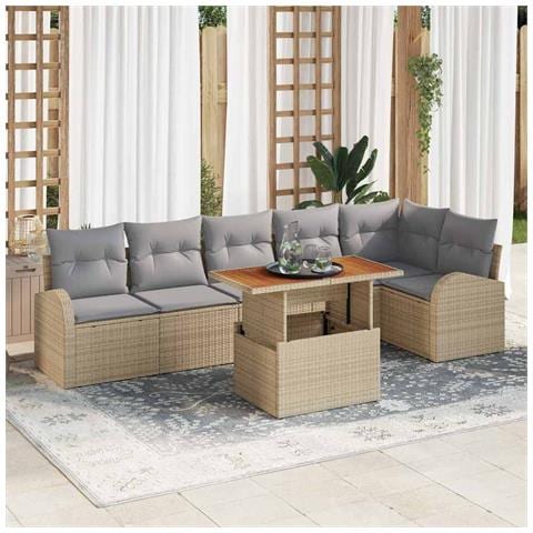 Set Divano da Giardino  7 Pezzi con Cuscini Beige Rattan Polipropilene, Divano da Giardino  2 Posti con Stoccaggio e Cuscini Beige Rattan Polipropilene - Foto 2