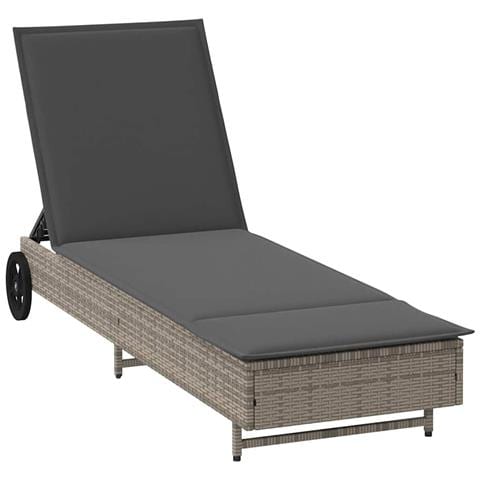 Lettino Prendisole con Ruote e Cuscino in Polyrattan Grigio - Foto 1