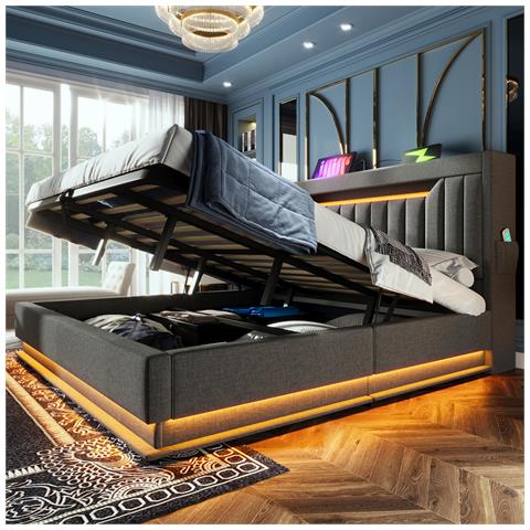 Letto Imbottito Idraulico 180x200cm, Letto Matrimoniale, Letto Contenitore Con Connessioni Usb E Tipo C, Illuminazione A Led Alla Testa E Ai Piedi Del Letto, Lino, Grigio, Senza Materasso - Foto 1