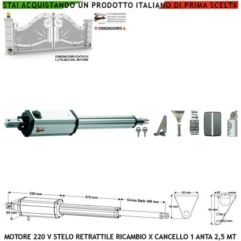 Motore Elettromeccanico Stelo Retrattile Corsa 400 Mm 220 V Per Cancello Battente Anta 2,5 Metri Spinta 250 Kg Sblocco - Foto 1