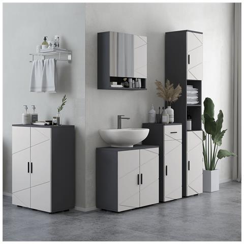 Mobiletto Bagno 2 Ante In Legno Con 3 Ripiani E Chiusura Ammortizzata, 60x30x82cm, Grigio - Foto 2