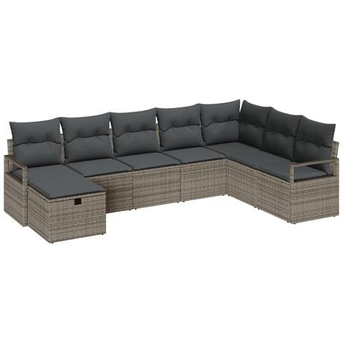 Set di divani da giardino  8 pezzi con cuscini Grigio Rattan Sintetico, Divano da giardino  2 posti con cuscini Grigio Rattan Sintetico - Foto 1