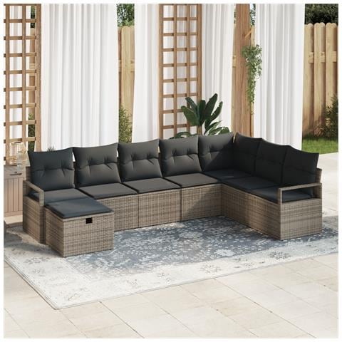 Set di divani da giardino  8 pezzi con cuscini Grigio Rattan Sintetico, Divano da giardino  2 posti con cuscini Grigio Rattan Sintetico - Foto 2