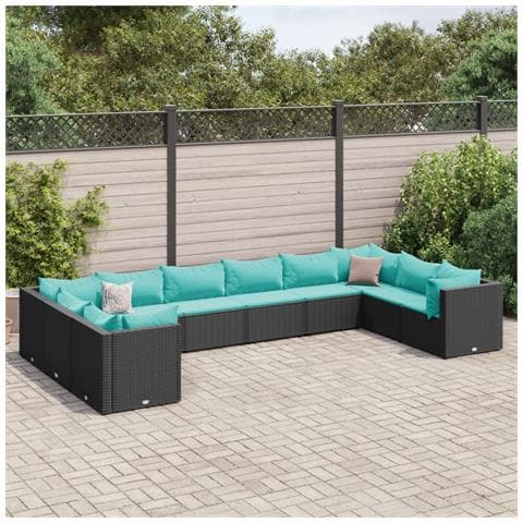 Set Salotto da Giardino 10pz con Cuscini in Polyrattan Nero - Foto 2