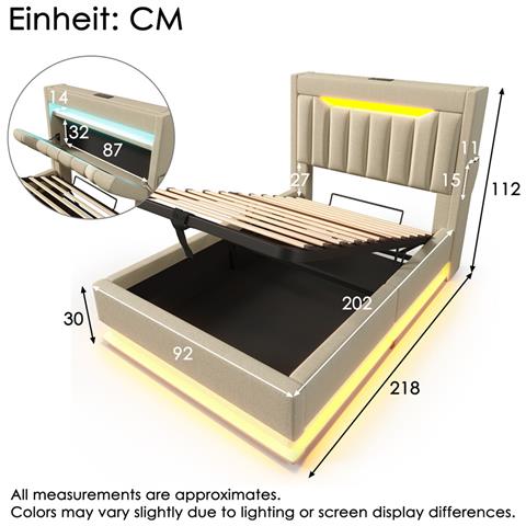 Letto Imbottito Idraulico 90x200cm, Letto Singolo, Letto Contenitore Con Connessioni Usb E Tipo C, Illuminazione Led Alla Testa E Ai Piedi Del Letto, Biancheria, Beige, Con Materasso - Foto 2