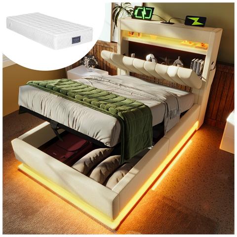 Letto Imbottito Idraulico 90x200cm, Letto Singolo, Letto Contenitore Con Connessioni Usb E Tipo C, Illuminazione Led Alla Testa E Ai Piedi Del Letto, Biancheria, Beige, Con Materasso - Foto 1