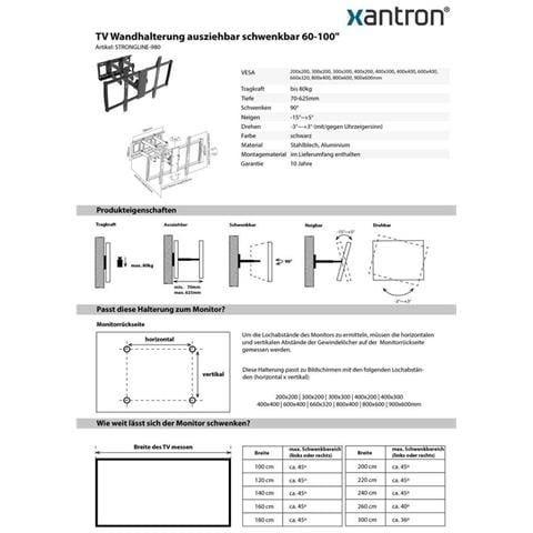 Supporto A Parete Per Monitor Tv 60-100"" Completamente Mobile, Estensibile, Orientabile, Orientabile, Inclinabile, Girevole, Strongline-980 - Foto 3