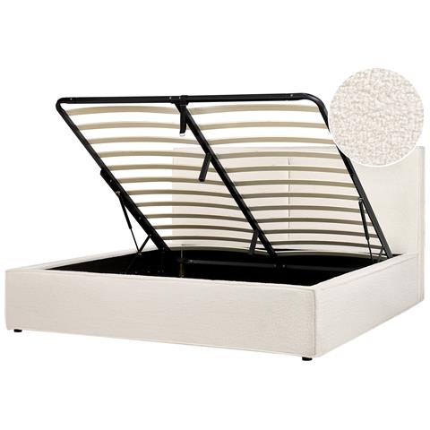 Letto Matrimoniale Bouclé Bianco Sporco Con Contenitore 180 X 200 Cm Moissac - Foto 2