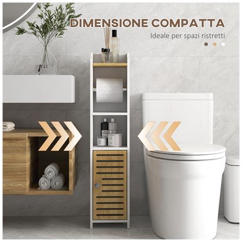 Mobiletto Bagno Salvaspazio In Truciolato Con Ripiani E Armadietto Inferiore, 18x20x90 Cm, Bianco - Foto 6