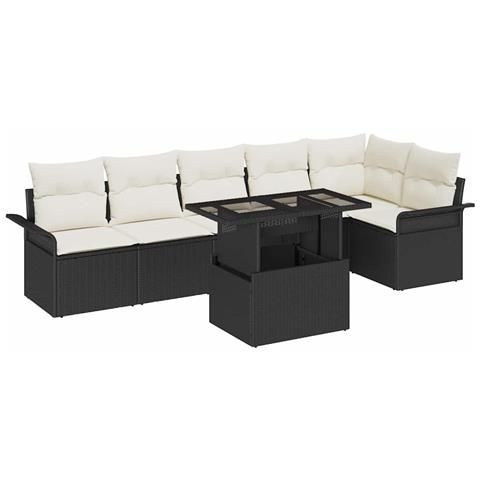 Set di Sofà da Giardino a 7 Pezzi con Cuscini Nero Rattan Policarbonato, Sofà da Giardino a 2 Posti con Ripostiglio e Cuscini Nero Rattan Policarbonato - Foto 1