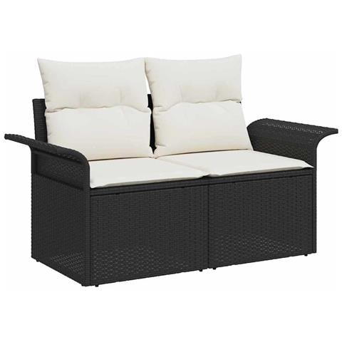 Set di Sofà da Giardino a 7 Pezzi con Cuscini Nero Rattan Policarbonato, Sofà da Giardino a 2 Posti con Ripostiglio e Cuscini Nero Rattan Policarbonato - Foto 2