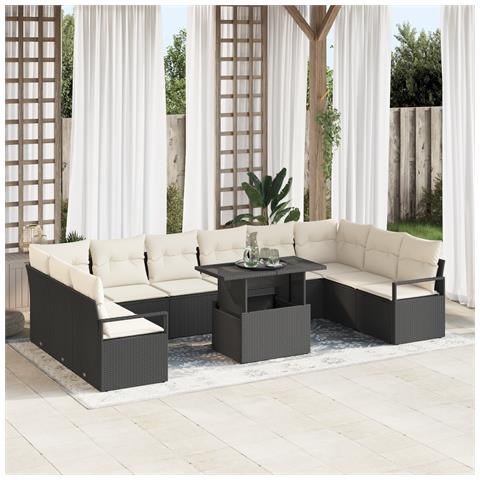 Set Divano da Giardino 11 Pezzi con Cuscini Rattan Nero Polietilene, Divano da Giardino per 2 Persone con Cuscini Rattan Nero Polietilene - Foto 2