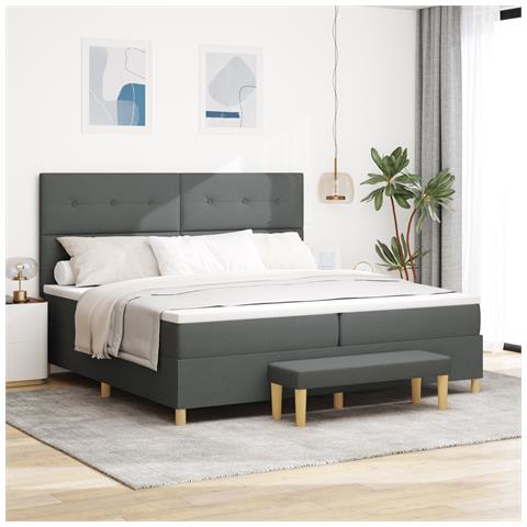 Letto Box Spring con Materasso e Panchina Grigio Scuro 200x200 cm Tessuto - Foto 2