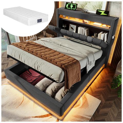 Letto Imbottito Idraulico 90x200cm, Letto Singolo, Letto Contenitore Con Connessioni Usb E Tipo C, Illuminazione Led Alla Testa E Ai Piedi Del Letto, Biancheria, Grigio, Con Materasso - Foto 1