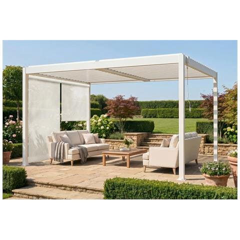Pergola Bioclimatica Autoportante Piana 4x3m In Alluminio Bianco Con Tende A Rullo Retrattili Sul Lato Da 3 M - Foto 1