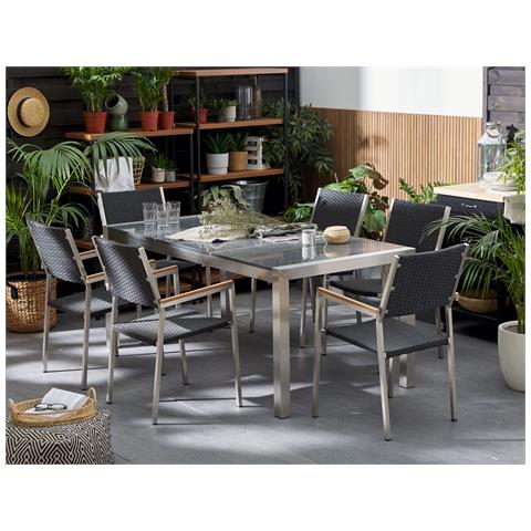 Set Di Tavolo E Sedie Da Giardino In Acciaio, Granito E Rattan - 180cm - Grigio Lucido - Grosseto - Foto 29
