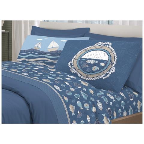 Completo Lenzuola Letto Pensieri Delicati 100% Cotone Disegno Oceano Singolo Blu - Foto 1